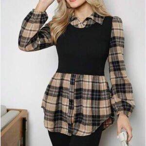 SHEIN Black and Tan Plaid Blouse